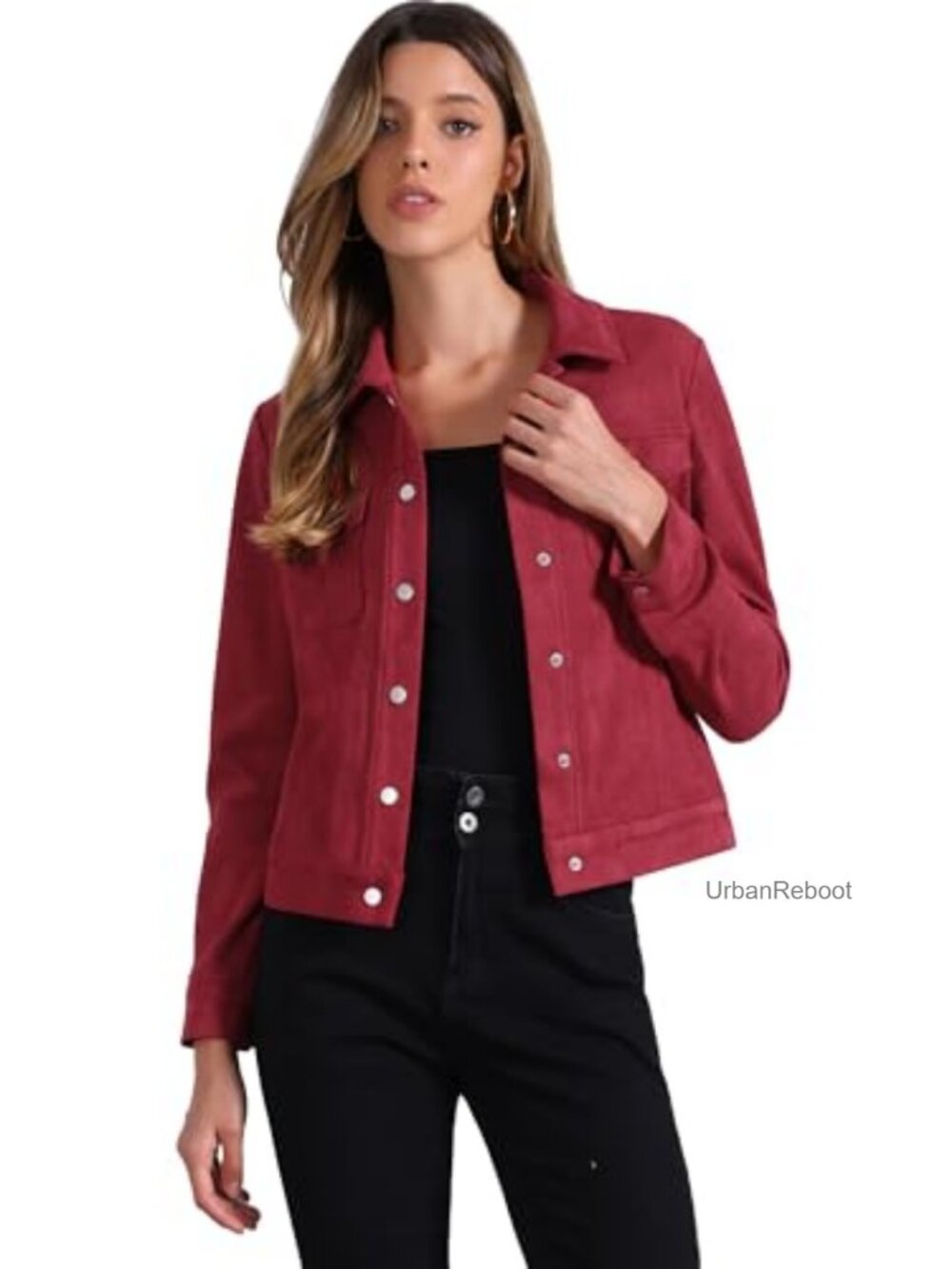 Faux Suede Snap Front Shacket Loose Fit Long Sleeve with Pockets